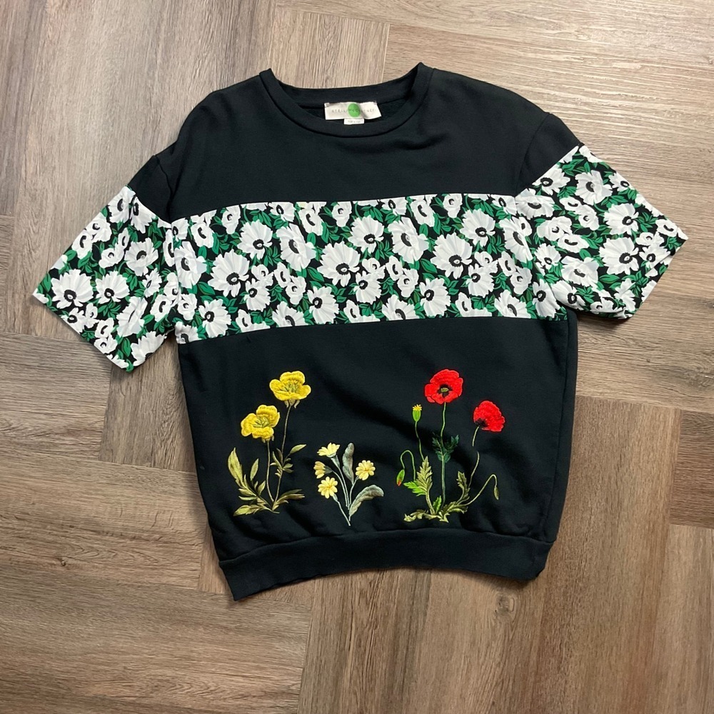 Stella McCartney Poppy Floral Embroidered Short Sleeve Top IT 46 US Large Black